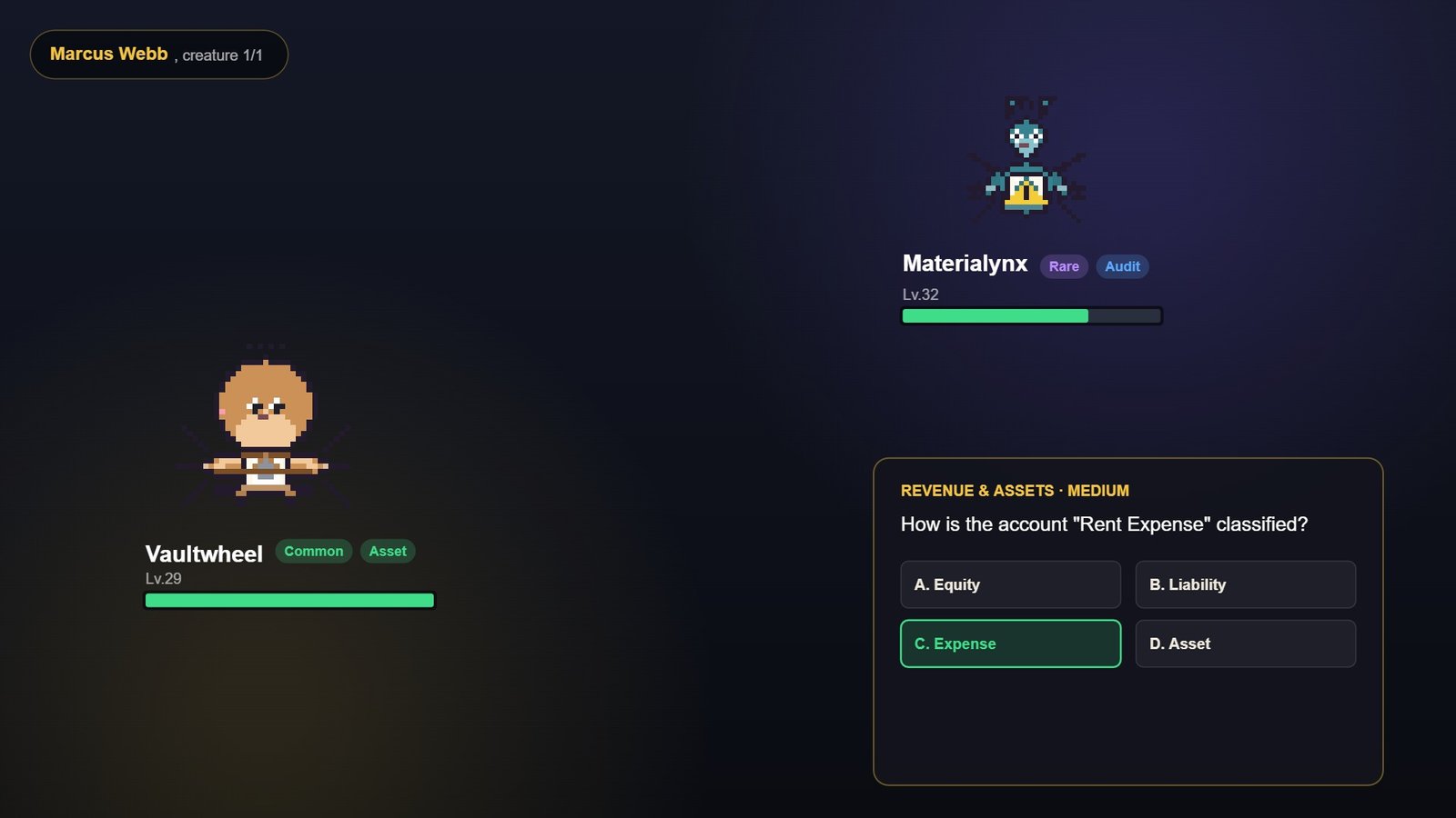 A real in-game battle: a live accounting question, HP bars, and party UI